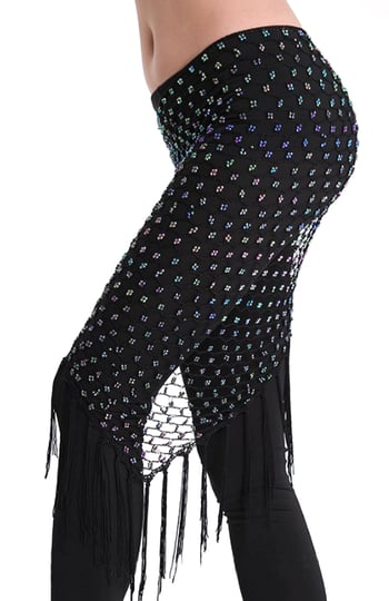 Crochet Beaded Shawl Hip Scarf with Fringe - BLACK OPAL AB