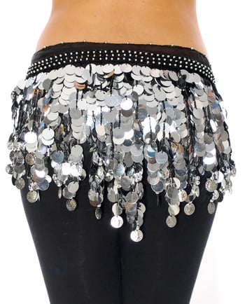 Belly Dance & Saidi Hipscarf with Paillette Fringe & Coins - BLACK / SILVER