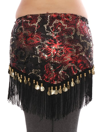 Sequin Hip Scarf with Fringe & Coins - BLACK / RED / GOLD