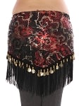 Sequin Hip Scarf with Fringe & Coins - BLACK / RED / GOLD