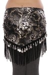 Sequin Hip Scarf with Fringe & Coins - BLACK / SILVER