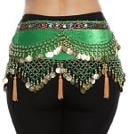 Arabesque Velvet Belly Dancer Hip Scarf with Coins & Tassels - GREEN