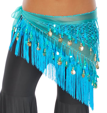 Tie-Dye Triangle Hip Scarf with Teardrop Paillettes, Fringe, & Coins - TURQUOISE