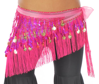 Tie-Dye Triangle Hip Scarf with Teardrop Paillettes, Fringe, & Coins - FUCHSIA