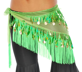 Tie-Dye Triangle Hip Scarf with Teardrop Paillettes, Fringe, & Coins - GREEN