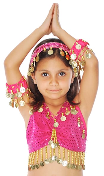Kids Size Sparkle Dot Belly Dance Costume Top with Coins - FUCHSIA / GOLD