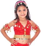 Kids Size Sparkle Dot Belly Dance Costume Top with Coins - RED / GOLD