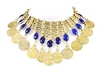 Belly Dance Coin Necklace with Glass Charms - GOLD / BLUE