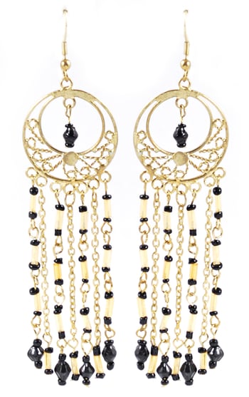 Gold Filigree Beaded Dangle Belly Dance Earrings - BLACK