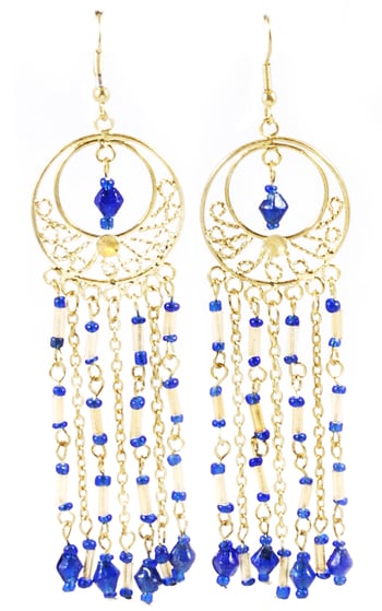 Gold Filigree Beaded Dangle Earrings - BLUE