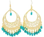 Gold Filigree Hoop Earrings with Beaded Accents - AQUA TURQUOISE