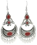 Moroccan Style Filigree Drop Earrings - SILVER / RED