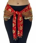 CAIRO COLLECTION: Floral Metallic Print Beaded Coin Hip Scarf - RED / GOLD
