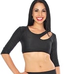 3/4 Sleeve Tribal Fusion Dance Half Top with Slash Front Accent - BLACK