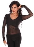 Long Sleeve Half Top with Mesh Sleeves and Belly Cover - BLACK