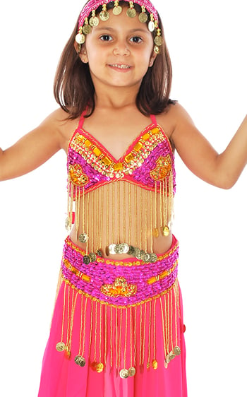 Little Girls Beaded Belly Dance Costume Top & Belt Set - FUCHSIA