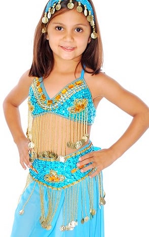 Little Girls Beaded Belly Dance Costume Top & Belt Set - TURQUOISE