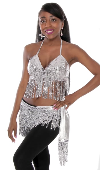 Sequin Fringe Metallic Halter Top and Belt Set - SILVER