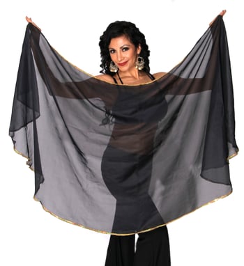 Petite Semi-Circle Chiffon Belly Dance Veil with Sequin Trim - BLACK / GOLD