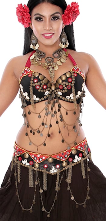 Tribal Bra & Belt Costume Set with Shisha Mirrors, Coins, and Shells