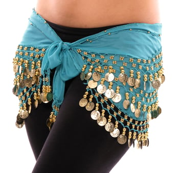 Chiffon Belly Dance Hip Scarf with Beads & Coins - TURQUOISE / GOLD