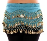 Chiffon Belly Dance Hip Scarf with Beads & Coins - TURQUOISE / GOLD