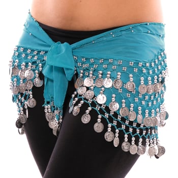 Chiffon Belly Dance Hip Scarf with Beads & Coins - TURQUOISE / SILVER