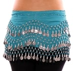 Chiffon Belly Dance Hip Scarf with Beads & Coins - TURQUOISE / SILVER