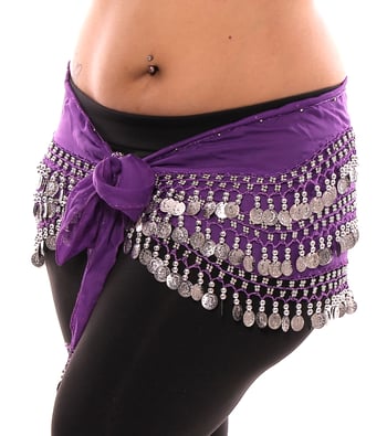Plus Size 1X - 4X Chiffon Belly Dance Hip Scarf with Coins - PURPLE GRAPE / SILVER