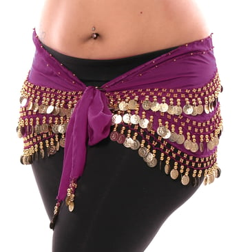 Plus Size 1X - 4X Chiffon Belly Dance Hip Scarf with Coins - PURPLE PLUM / GOLD