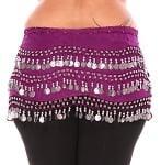 Plus Size 1X - 4X Chiffon Belly Dance Hip Scarf with Coins - PURPLE PLUM / SILVER