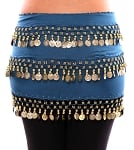 3-Row Straight Design Classic Belly Dance Coin Hip Scarf - TEAL BLUE / GOLD
