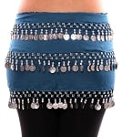 3-Row Straight Design Classic Belly Dance Coin Hip Scarf - TEAL BLUE / SILVER