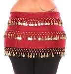 Plus Size 1X - 4X Chiffon Belly Dance Hip Scarf Sash with 3 Rows of Coins - RED ROSE / GOLD
