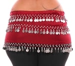 Plus Size 1X - 4X Chiffon Belly Dance Hip Scarf Sash with 3 Rows of Coins - RED ROSE / SILVER