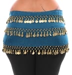 Plus Size 1X - 4X Chiffon Belly Dance Hip Scarf Sash with 3 Rows of Coins - TEAL BLUE / GOLD