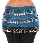 Plus Size 1X - 4X Chiffon Belly Dance Hip Scarf Sash with 3 Rows of Coins - TEAL BLUE / SILVER