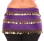 Plus Size 1X - 4X Chiffon Belly Dance Hip Scarf Sash with 3 Rows of Coins - PURPLE / GOLD