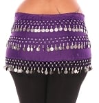 Plus Size 1X - 4X Chiffon Belly Dance Hip Scarf Sash with 3 Rows of Coins - PURPLE / SILVER
