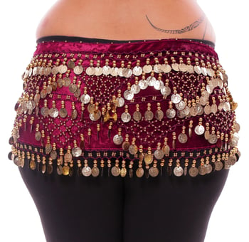 Plus Size 1X - 4X VELVET Belly Dance Coin Hip Scarf Belt - BURGUNDY / GOLD