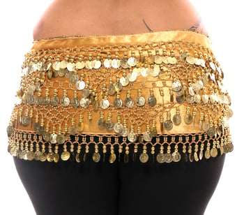 Plus Size 1X - 4X VELVET Belly Dance Coin Hip Scarf Belt - GOLDEN / GOLD
