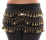 Chiffon Belly Dance Hip Scarf with Beads & Coins - BLACK / GOLD