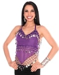 Sheer Chiffon Dance Halter Top with Coins - PURPLE GRAPE / SILVER