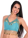 Chiffon Costume Top with Coins - TURQUOISE BLUE / GOLD