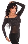 Long Sleeve Off-the-Shoulder Top with Gems and Mesh Belly Cover - BLACK