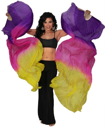 Silk Fan Veils Belly Dance Prop (Set of 2) - PURPLE / FUCHSIA / YELLOW