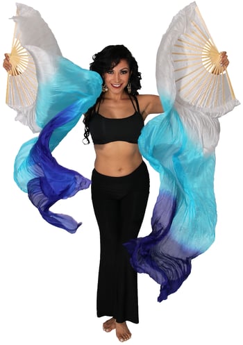 Silk Fan Veils Dance Prop (Set of 2) - WHITE / TURQUOISE / BLUE