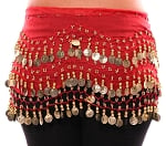 Chiffon Belly Dance Hip Scarf with Beads & Coins - RED / GOLD