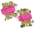 Chiffon Stretch Bracelets with Beads & Coins (PAIR): FUCHSIA / GOLD