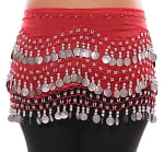 Chiffon Belly Dance Hip Scarf with Beads & Coins - RED / SILVER
